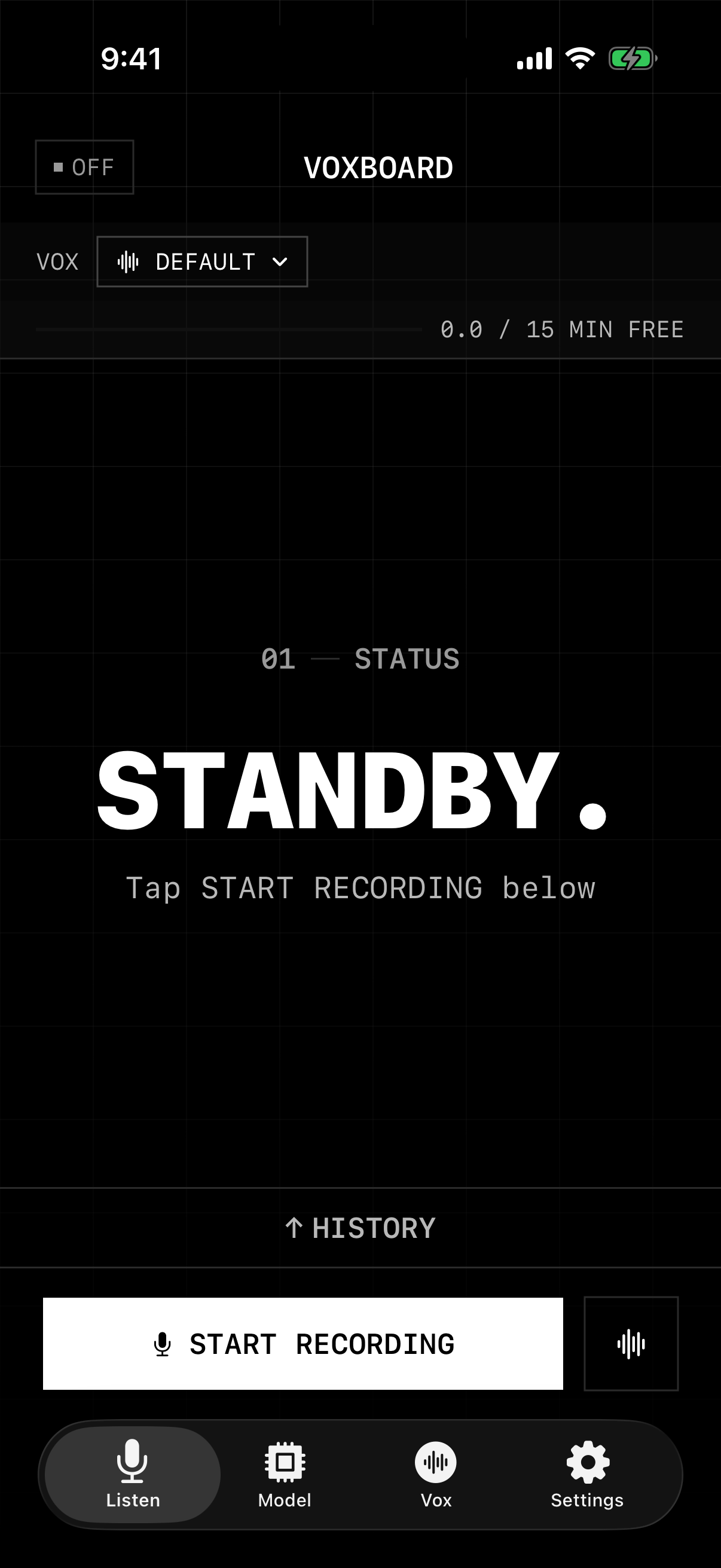 Voxboard app standby screen with a Start Recording button and private local transcription controls