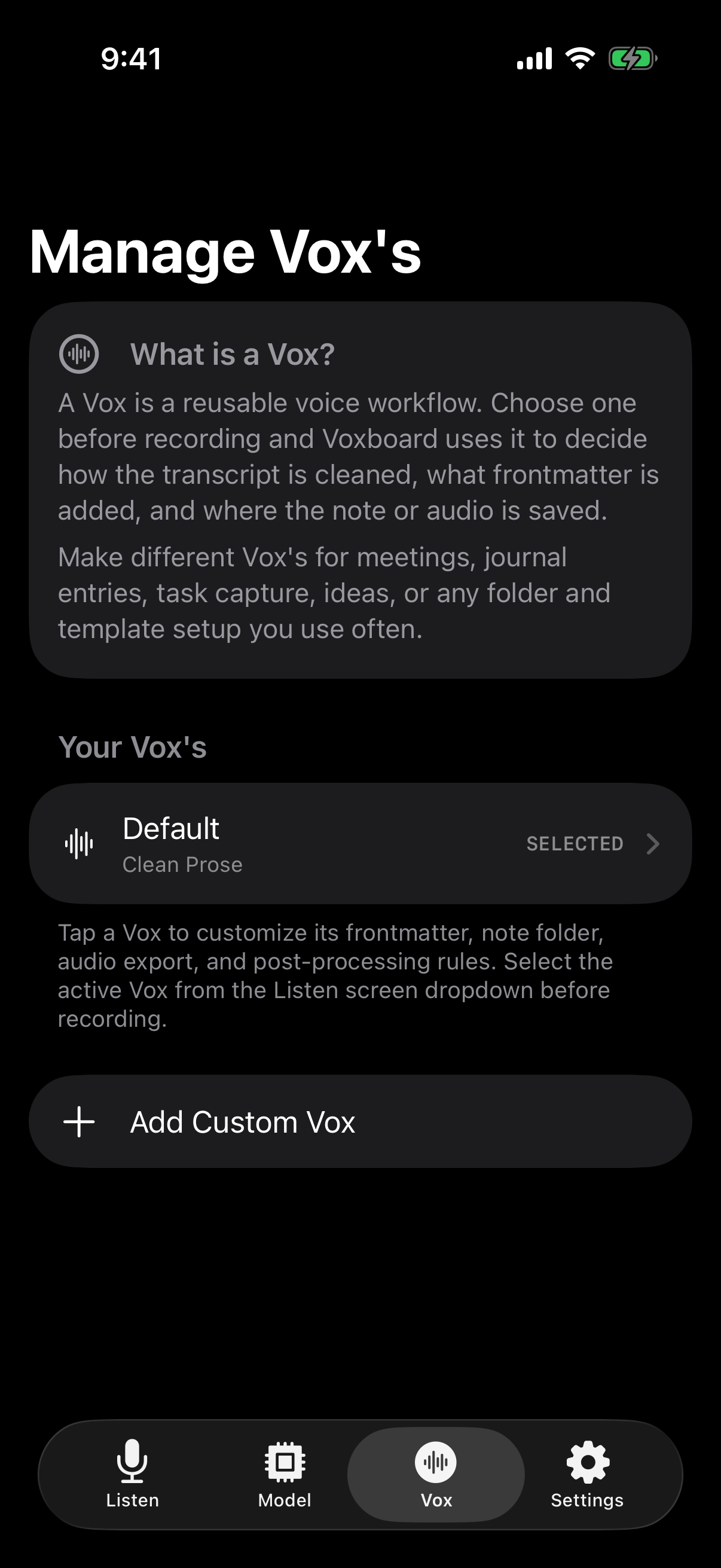 Voxboard Vox workflow preset manager